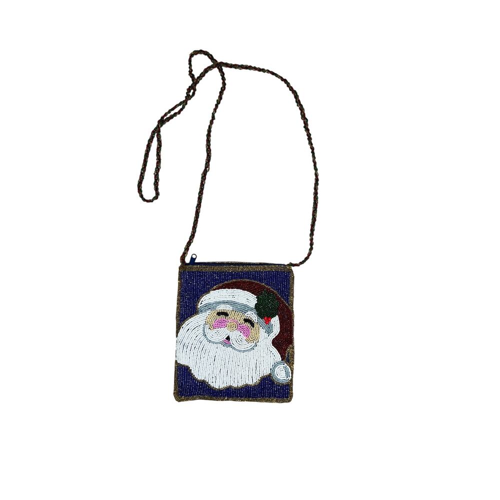 Beaded Christmas Jolly Santa Claus crossbody purse bag multi colored